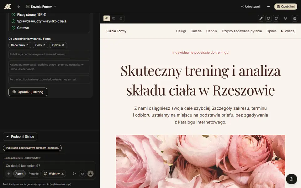 Gotowa strona i lista do uzupełnienia w czacie